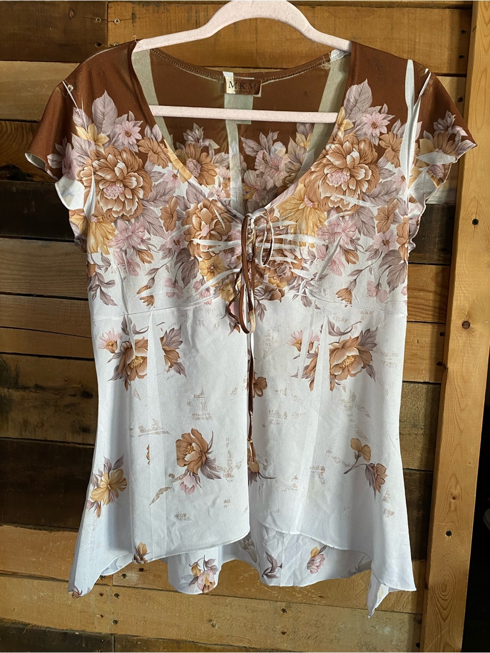 MKM Designs Floral Lace-Up V-Neck Top - White & Brown Y2K